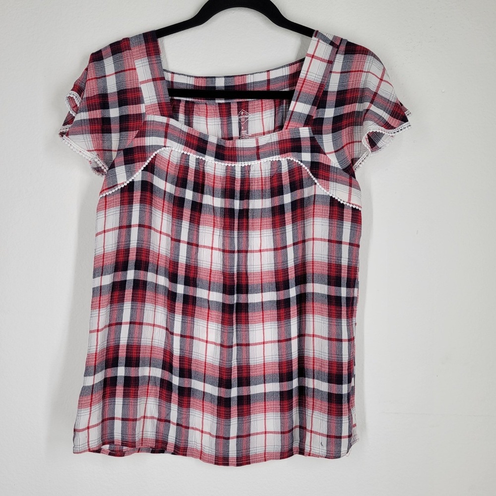 St Johns Bay Women Red Plaid Square Neck Short Sleeve Tunic Top Size S Red White